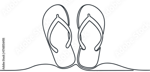 Flip-flops illustration, minimalist black line drawing of summer footwear on white background with wavy beach element, casual vacation vector