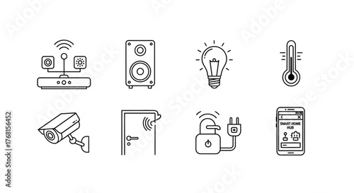 Collection of smart home icons representing security devices and automation technology vector