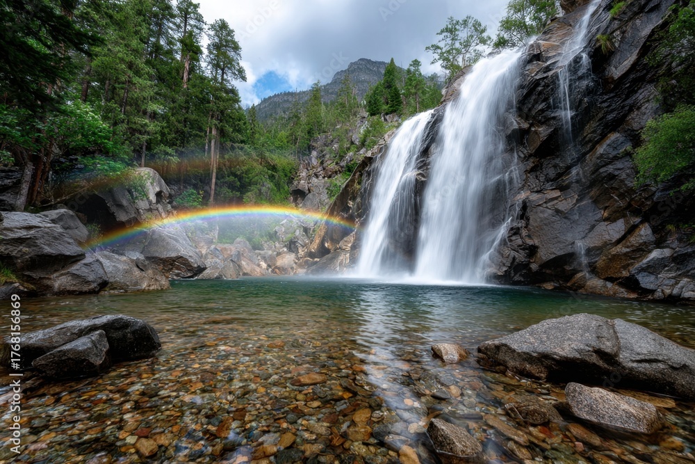 Fototapeta premium Rainbow Waterfall in Pristine Forest Landscape