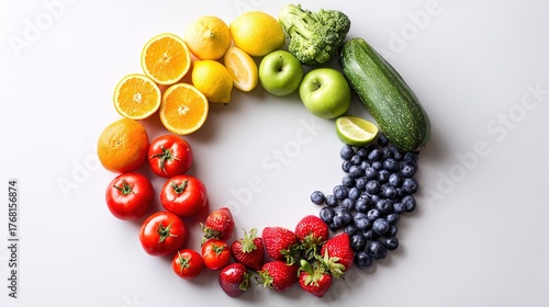 selection. Circular arrangement of fresh fruits and vegetables on a clean white background with soft shadows. menu design.