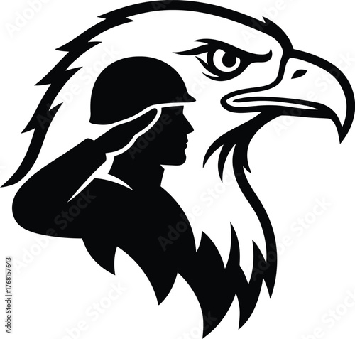 Silhouette of a saluting soldier overlaid on an eagle's head symbolizing military honor and patriotism