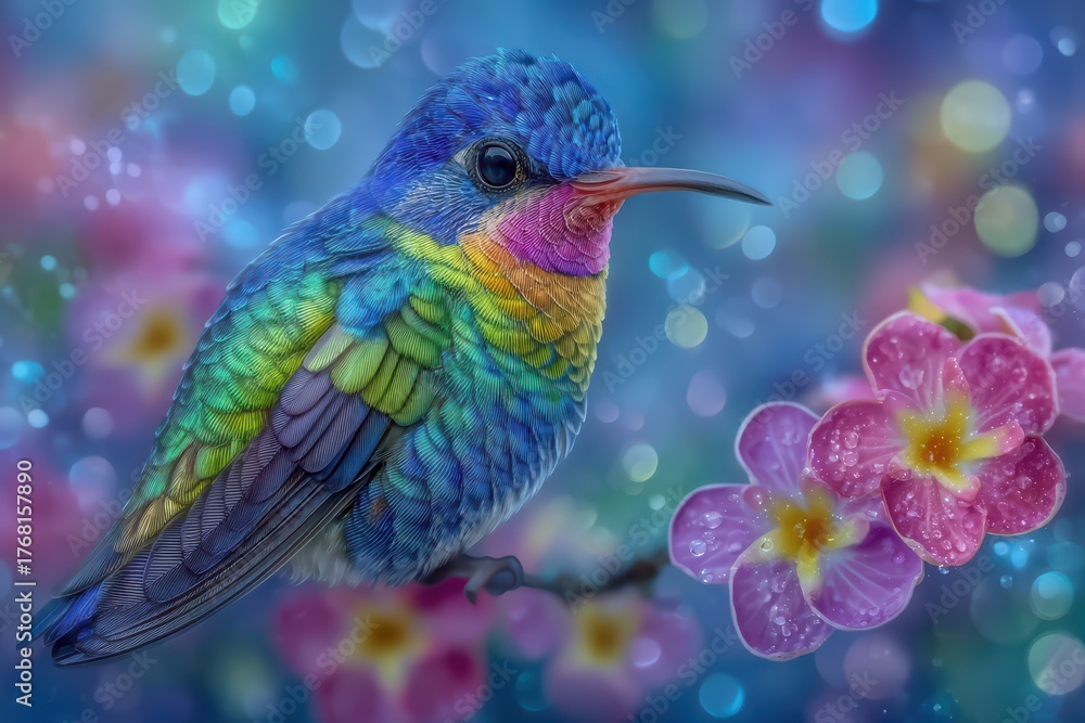 Fototapeta premium Vibrant Hummingbird Perched on Blossom with Colorful Feathers and Soft Background Bokeh Effect in Nature