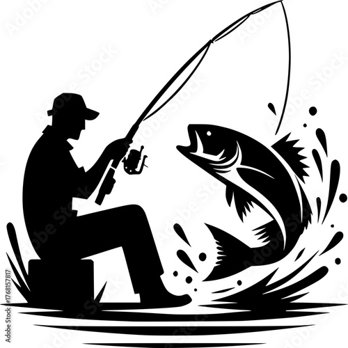 Catch of the Day: An illustration depicting a dedicated angler in silhouette, absorbed in the art of fishing, as a massive fish leaps from the water. a moment of triumph over nature's treasures.