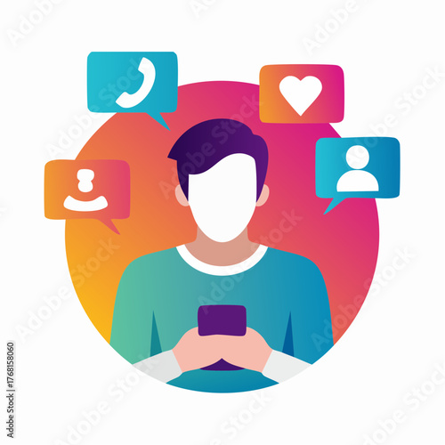 Man with Phone surrounded by social media icons, communication, modern life, staying connected with digital network, chatting using smartphone