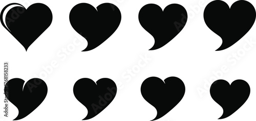Set of Black Abstract Heart Shapes with Tail and Smooth Edges Vector Icons