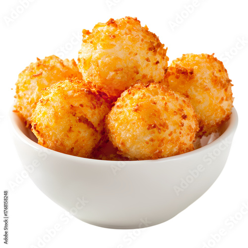 A white bowl filled with several golden brown cheese balls isolated on transparent background