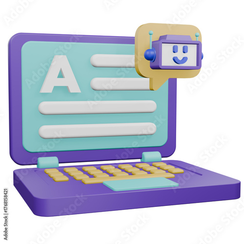 3D laptop showing AI chatbot assistant, providing writing support for digital learning, content creation, and interactive online communication
