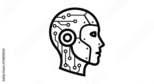 Artificial intelligence concept showing a robot head with circuit patterns for technology and future themes