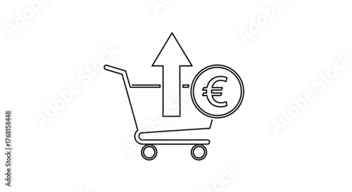 Black line shopping cart and euro coin icon for online purchase and price increase themes