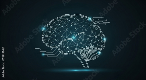 A digital brain with connected dots and lines, representing artificial intelligence and neural networks, on a dark background