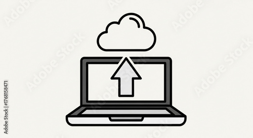 Laptop with cloud upload arrow symbolizing data transfer, cloud computing, and online services in a modern design