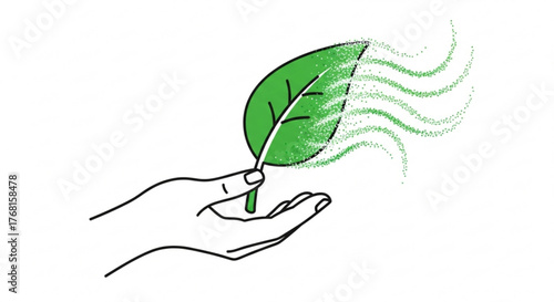 Hand holding green leaf with wind, representing nature, environment, sustainability, and ecofriendly practices