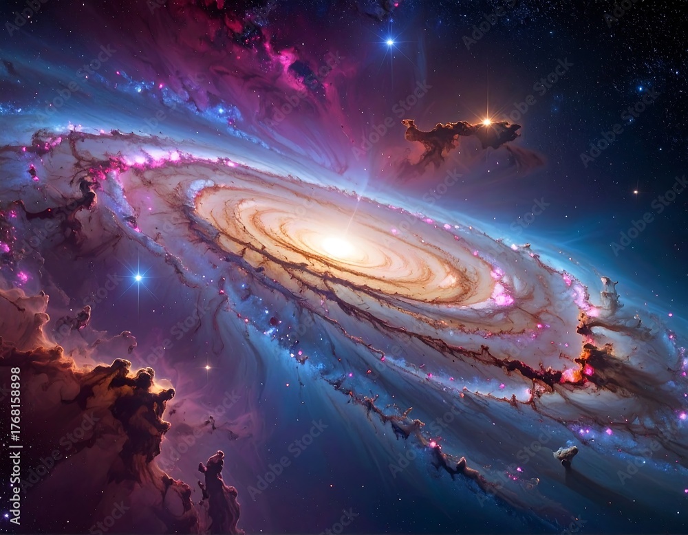 Obraz premium Spiraling galaxy with vibrant colors and surrounding cosmic clouds