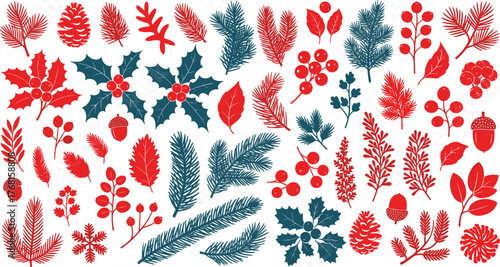 Mega Set of Christmas and Winter Holiday Botanical Doodles Vector Illustration