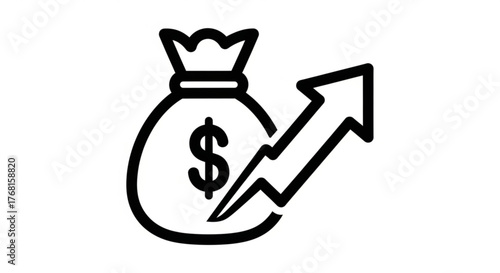 Line art illustration of a money bag with an upward arrow, representing financial growth, investment, and profit