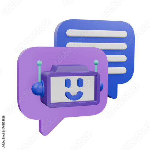 Chatbot and speech bubbles illustration in 3D style, perfect for web design, app interface, and digital communication concept. AI technology icon