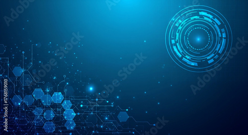 Abstract Digital Network Circuit Board with Glowing Hexagons and Futuristic Circle