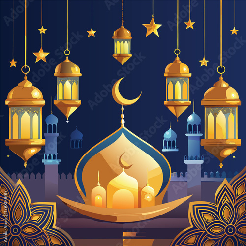 Golden Mosque with Crescent Moon and Star,Islamic Ramadan and Eid Mubarak Illustration