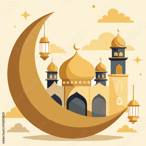 Golden Mosque with Crescent Moon and Star,Islamic Ramadan and Eid Mubarak Illustration