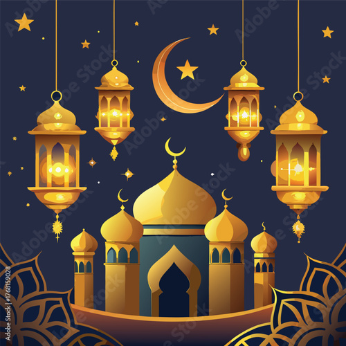 Golden Mosque with Crescent Moon and Star,Islamic Ramadan and Eid Mubarak Illustration