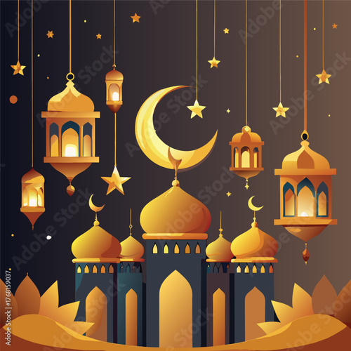 Golden Mosque with Crescent Moon and Star,Islamic Ramadan and Eid Mubarak Illustration