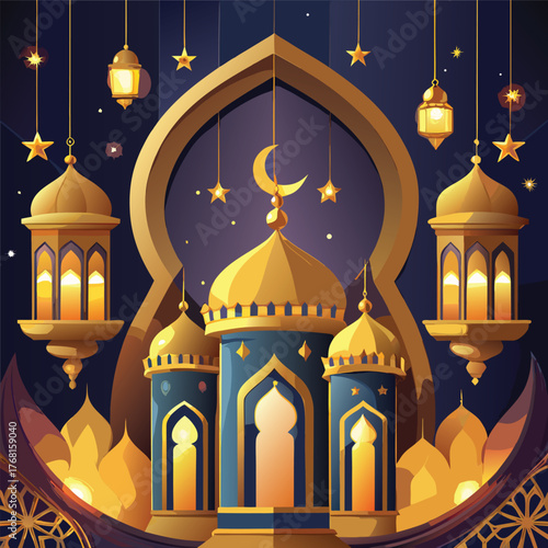 Golden Mosque with Crescent Moon and Star,Islamic Ramadan and Eid Mubarak Illustration