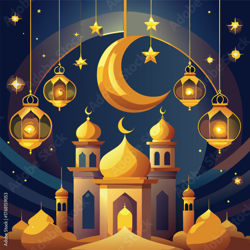 Golden Mosque with Crescent Moon and Star,Islamic Ramadan and Eid Mubarak Illustration
