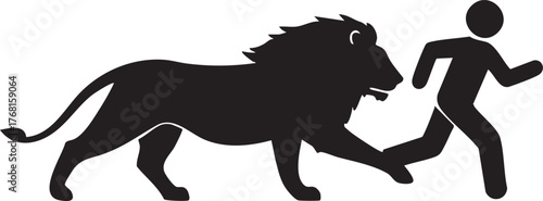 Silhouette of lion chasing a person in dynamic motion clean line art icon