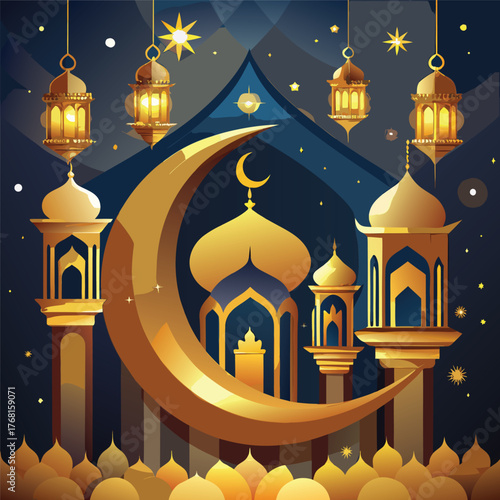 Golden Mosque with Crescent Moon and Star,Islamic Ramadan and Eid Mubarak Illustration