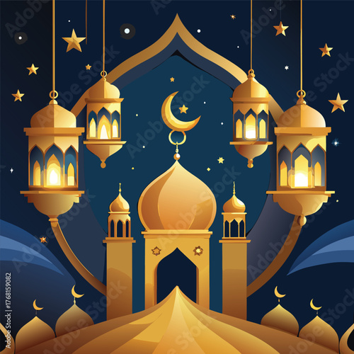 Golden Mosque with Crescent Moon and Star,Islamic Ramadan and Eid Mubarak Illustration