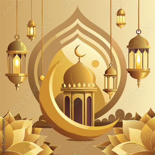 Golden Mosque with Crescent Moon and Star,Islamic Ramadan and Eid Mubarak Illustration
