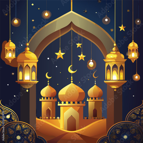Golden Mosque with Crescent Moon and Star,Islamic Ramadan and Eid Mubarak Illustration