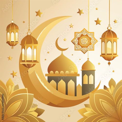 Golden Mosque with Crescent Moon and Star,Islamic Ramadan and Eid Mubarak Illustration