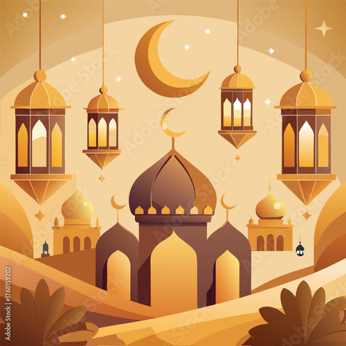 Canvas Print Golden Mosque with Crescent Moon and Star,Islamic Ramadan and Eid Mubarak Illust