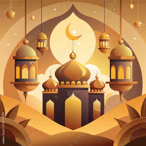 Golden Mosque with Crescent Moon and Star,Islamic Ramadan and Eid Mubarak Illustration