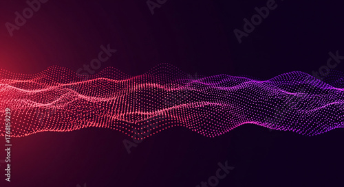 Abstract Digital Waveform with Red and Purple Gradient Particles Flowing on Dark Background