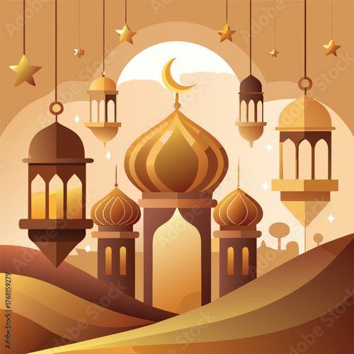 Golden Mosque with Crescent Moon and Star,Islamic Ramadan and Eid Mubarak Illustration