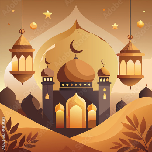 Golden Mosque with Crescent Moon and Star,Islamic Ramadan and Eid Mubarak Illustration