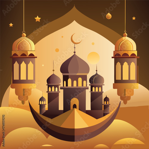 Golden Mosque with Crescent Moon and Star,Islamic Ramadan and Eid Mubarak Illustration