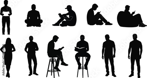 Silhouettes of people reading and using technology vector illustration
