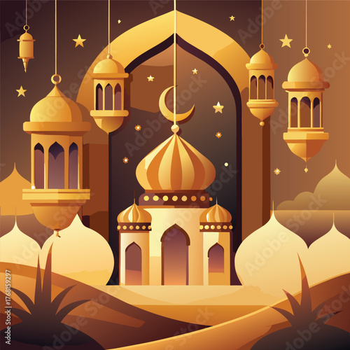 Golden Mosque with Crescent Moon and Star,Islamic Ramadan and Eid Mubarak Illustration