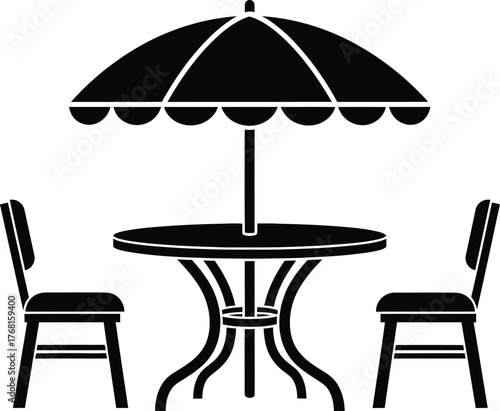 Black and white patio set illustration with umbrella and chairs icon