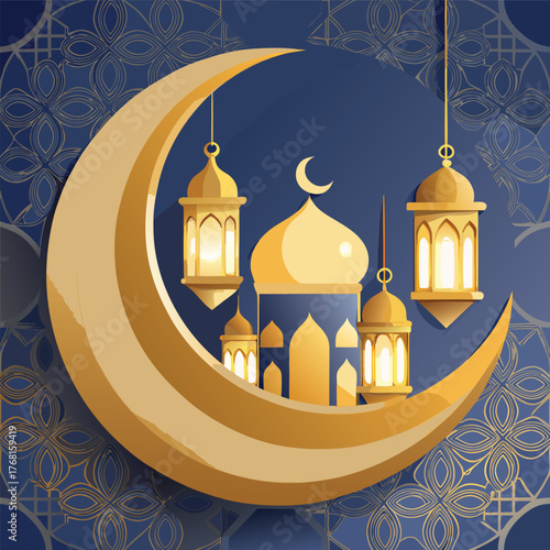 Golden Mosque with Crescent Moon and Star,Islamic Ramadan and Eid Mubarak Illustration