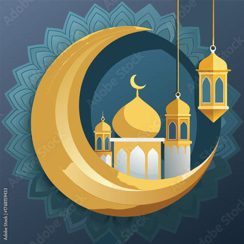Golden Mosque with Crescent Moon and Star,Islamic Ramadan and Eid Mubarak Illustration