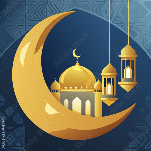 Golden Mosque with Crescent Moon and Star,Islamic Ramadan and Eid Mubarak Illustration