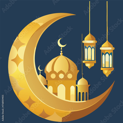Golden Mosque with Crescent Moon and Star,Islamic Ramadan and Eid Mubarak Illustration
