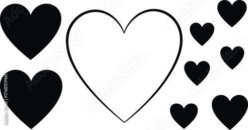 Black Heart Shapes Filled and Outline Vector Icons Set
