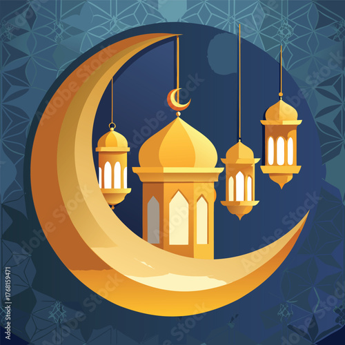 Golden Mosque with Crescent Moon and Star,Islamic Ramadan and Eid Mubarak Illustration