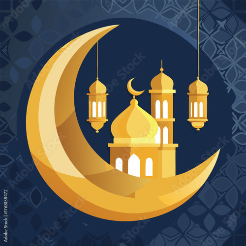 Golden Mosque with Crescent Moon and Star,Islamic Ramadan and Eid Mubarak Illustration