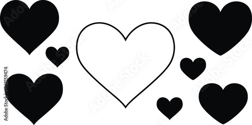 Black Filled and Outline Heart Shapes Vector Icons Set